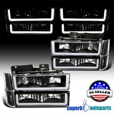 Fit 1994-1998 Silverado C10 C/K 1500 2500 Black Headlights LED Strip+Bumper Lamp picture