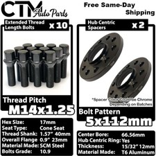 2x 12mm Thick 5x112 66.56mm C.B Wheel Spacer + 14x1.25 Black Bolt Fit Latest BMW picture