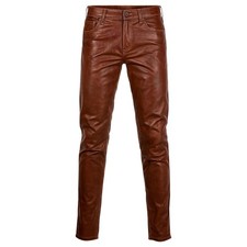 Men’s Brown Genuine Leather Pants Slim Fit Biker Trouser Fashion Motorcycle Jean picture