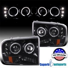 Fits 99-04 Ford F250 F350 Super Duty Polished Black Halo Projector Headlight picture