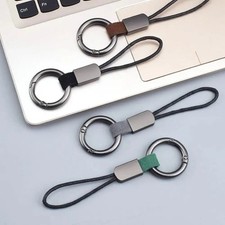 Genuine Leather Keychain Car Key Holder Lanyard with Rope Strap Metal Keyring picture