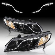 Fit 2006-2011 Honda Civic Sedan 4Dr Black LED Strip Projector Headlights Lamps picture