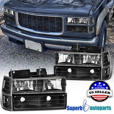 Fits 94-98 GMC C10 C/K Sierra Black Headlights+Bumper Corner Light Pair picture