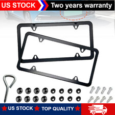 2x Black Stainless Steel Metal License Plate Frame Tag Cover With Screw Caps picture