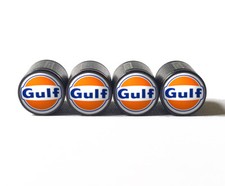 Vintage Gulf Gas Tire Valve Caps - Black Aluminum - Set of Four - Universal picture