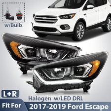 Halogen Headlight For 2017-2019 Ford Escape Black w/LED DRL w/Bulb Left+Right picture
