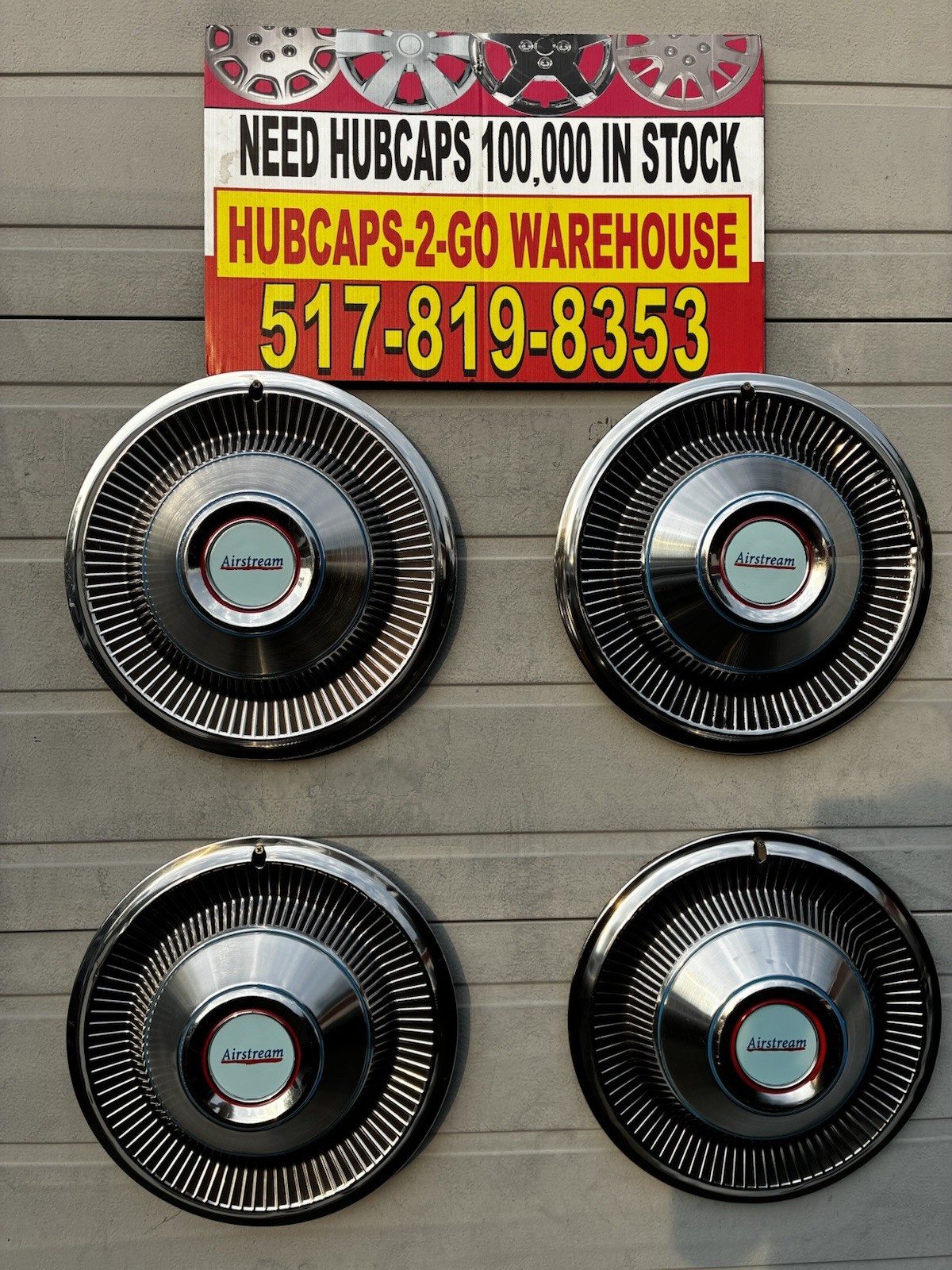 Airstream 15” Set 4 Hubcaps Full Wheel covers Used 1955-1982 Stainless Blue/red Airstream 15” Set 4 Hubcaps Full Wheel covers Used 1955-1982 Stainless Blue/red
