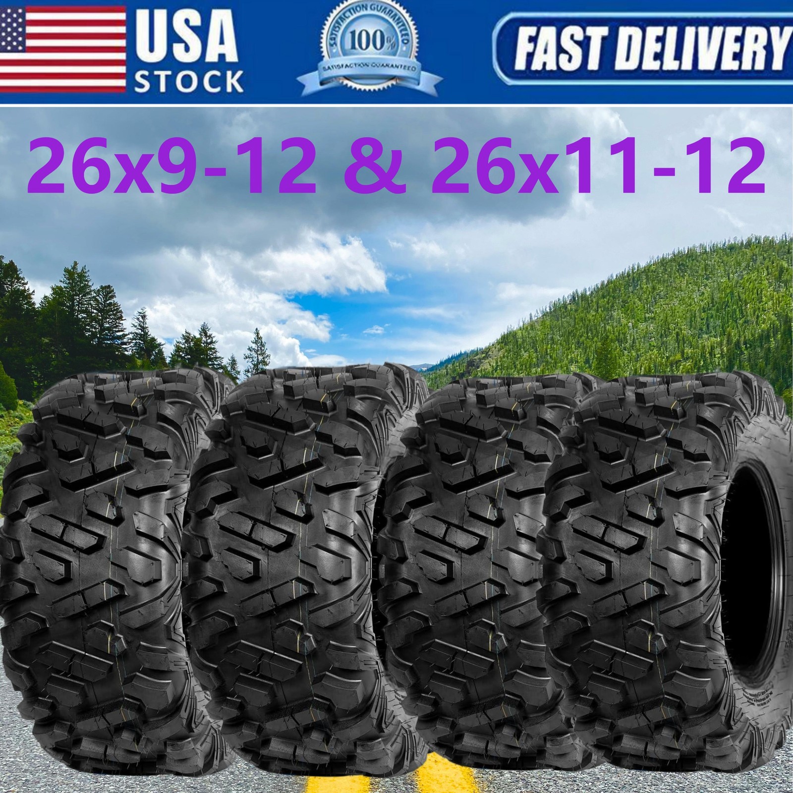 Set 4 ATV Tires 26x11-12 26x9-12 UTV All Terrain 6PR Heavy Duty 26x9x12 26x11x12