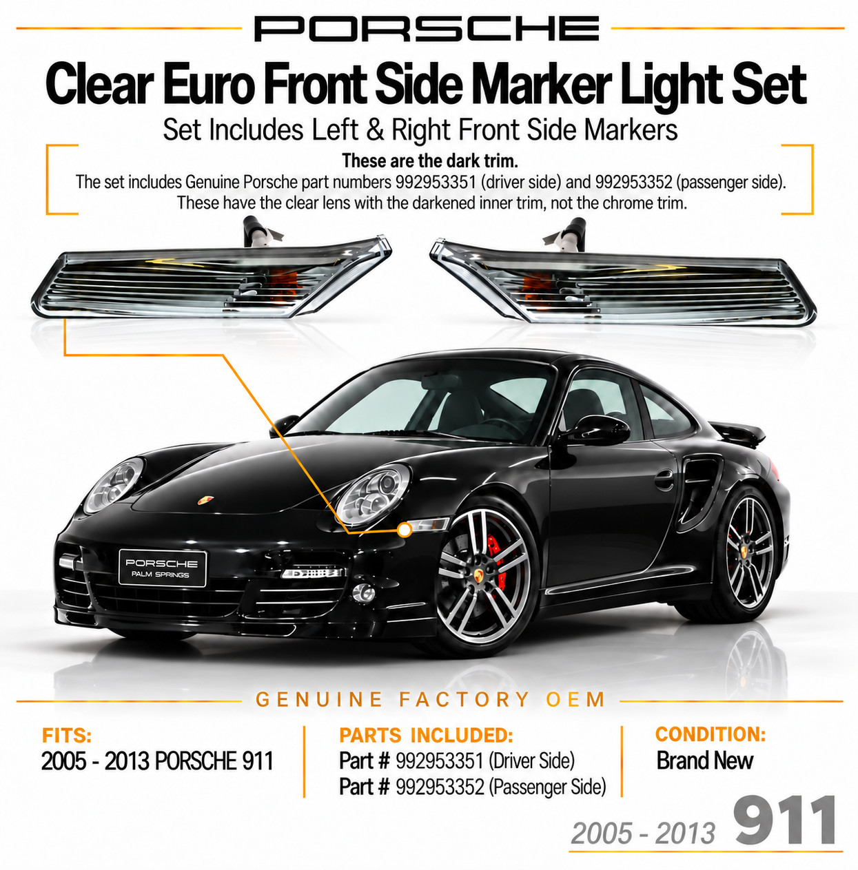 Genuine Porsche 911 997 Clear Euro Side Marker Light Set Left & Right
