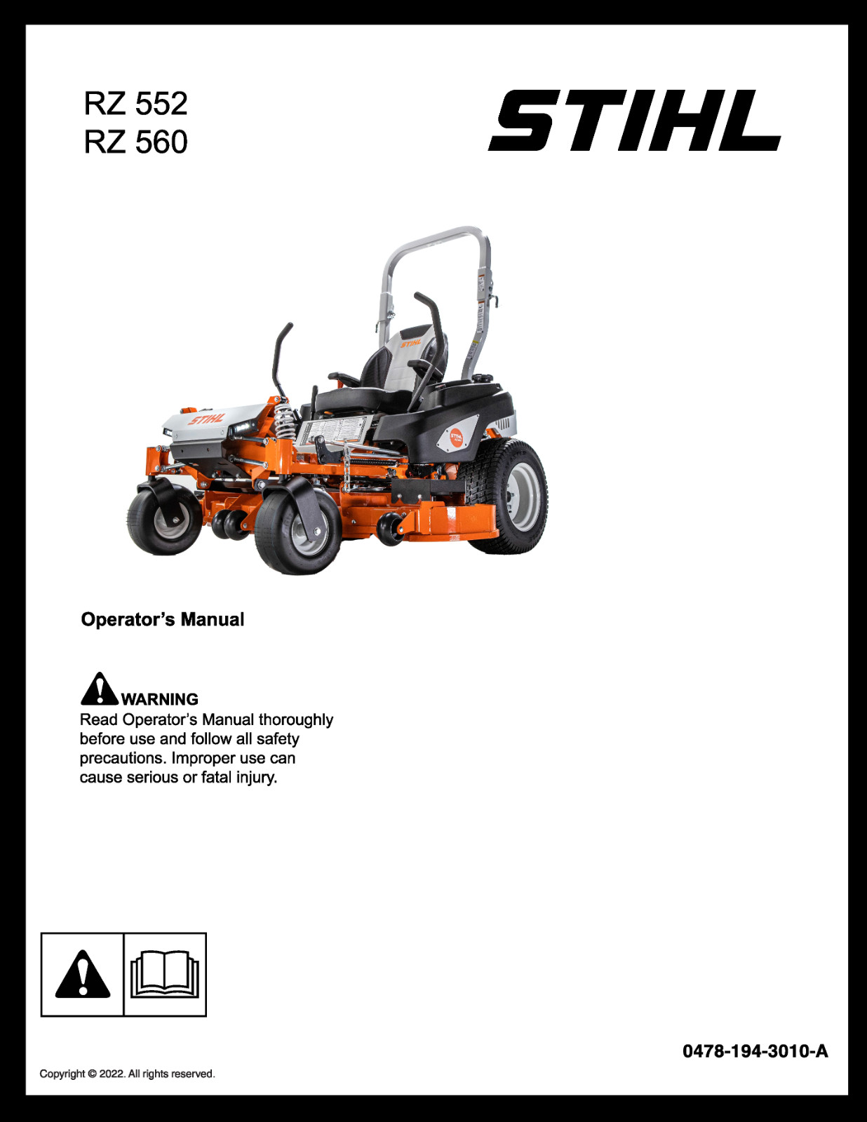 STIHL RZ 552 560 Lawn Mower Instruction Manual User Guide: 56 Pages