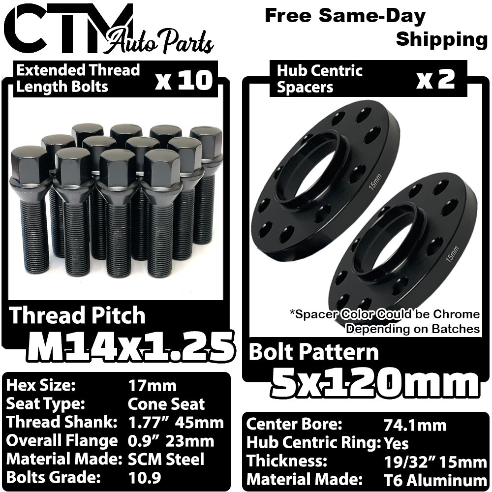 2x 15mm Thick 5x120 74.1 CB Hubcentric Wheel Spacer Black 14x1.25 Bolt BMW X5 X6