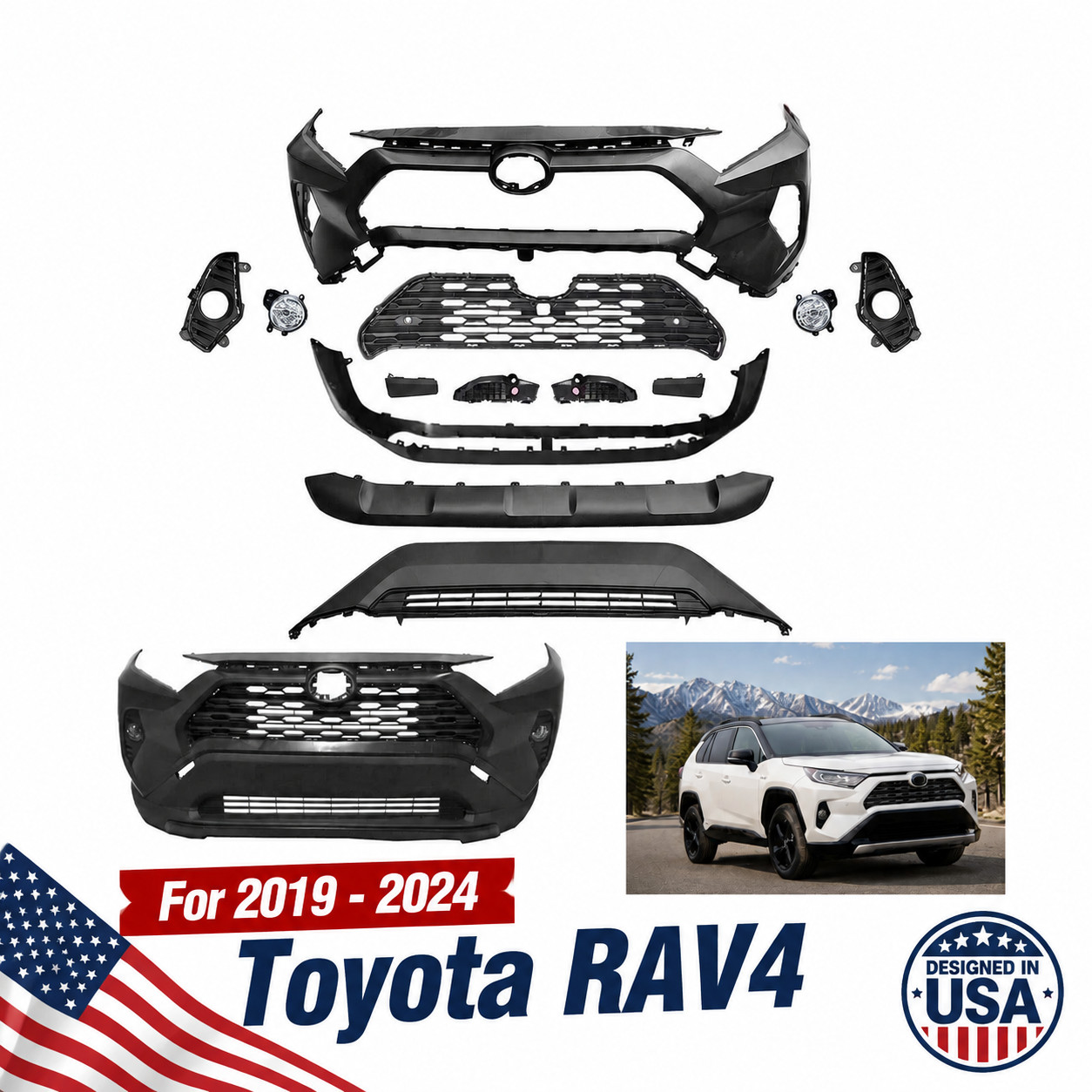 For 2019 - 2024 Toyota RAV4 Front Bumper Grille with Fog Lights Complete For 2019 - 2024 Toyota RAV4 Front Bumper Grille with Fog Lights Complete