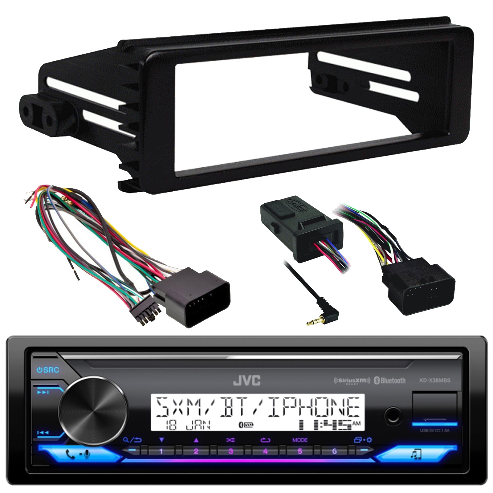 JVC KD-X38MBS Marine Stereo Receiver, Install Kit, Handlebar Kit (Harley 98-13)