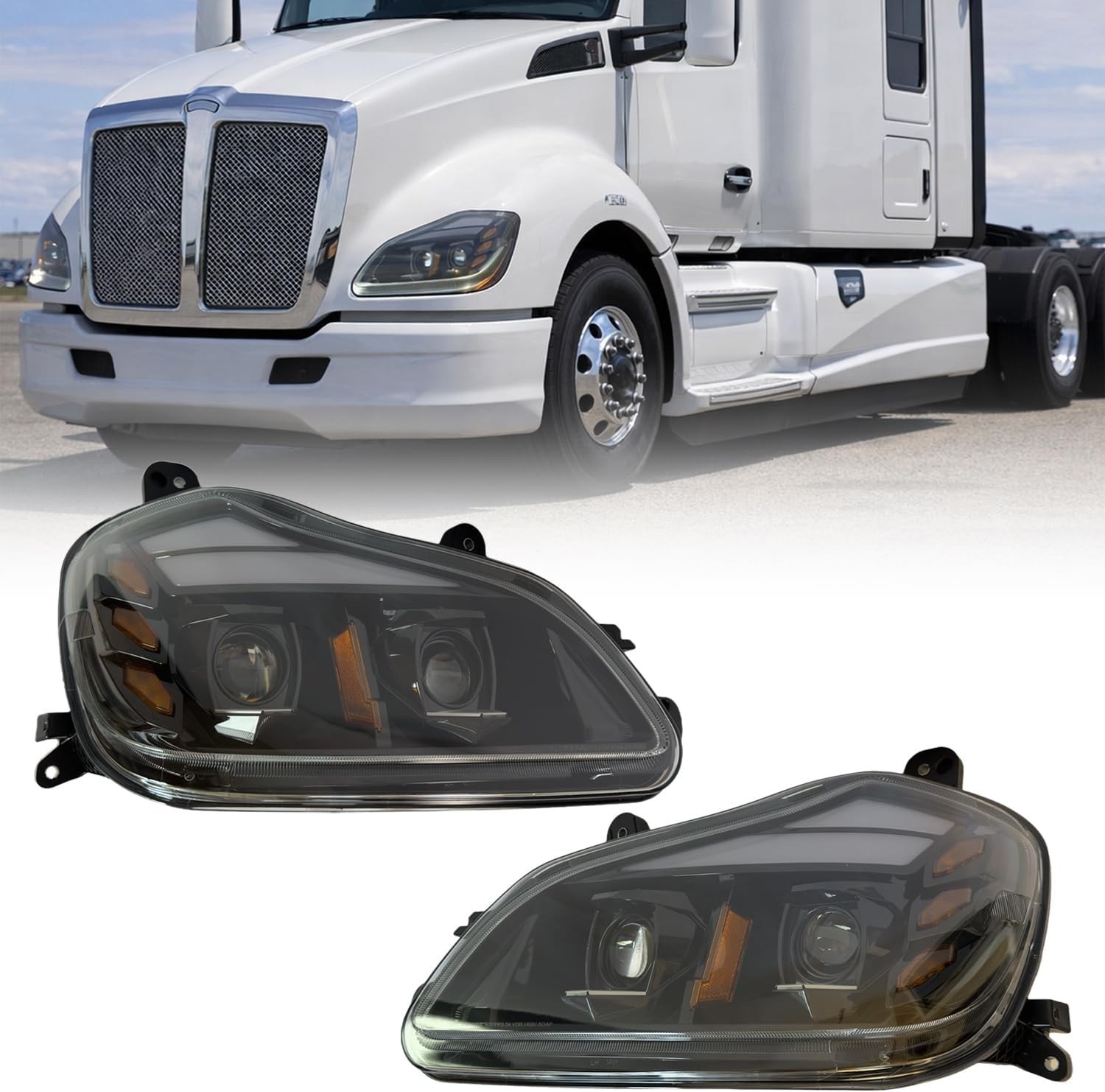 Fit 2013-2021 Kenworth T680 Black Full LED DRL Headlamp Assembly Left & Right