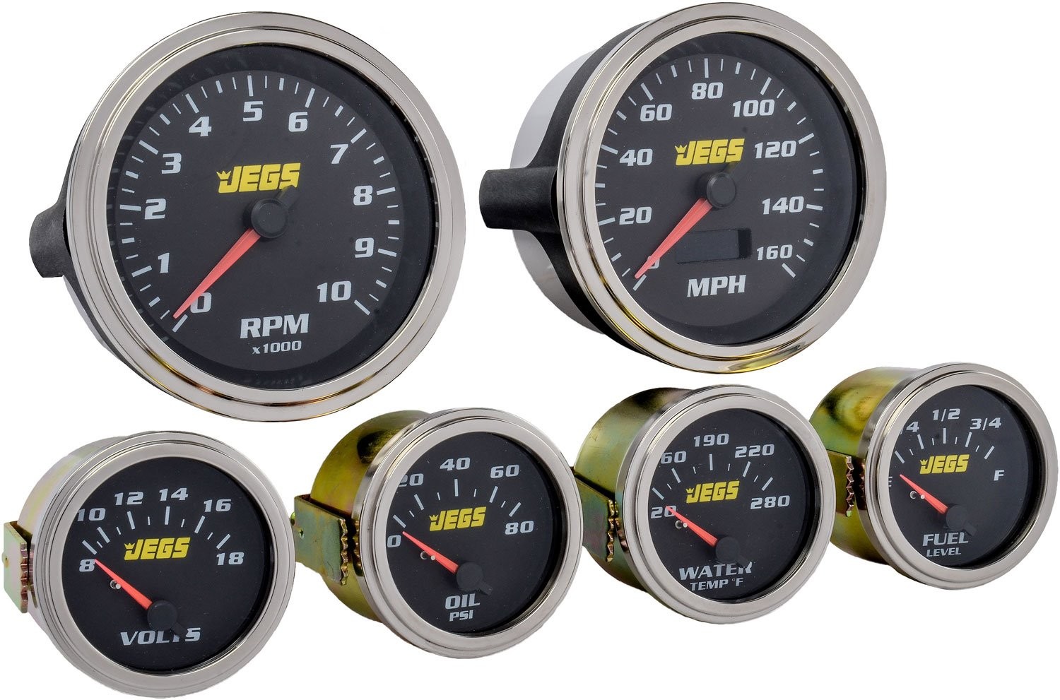 JEGS 6-Gauge Set, Black Analog Face [3 3/8 in. Dia. Speedometer & Tachometer]
