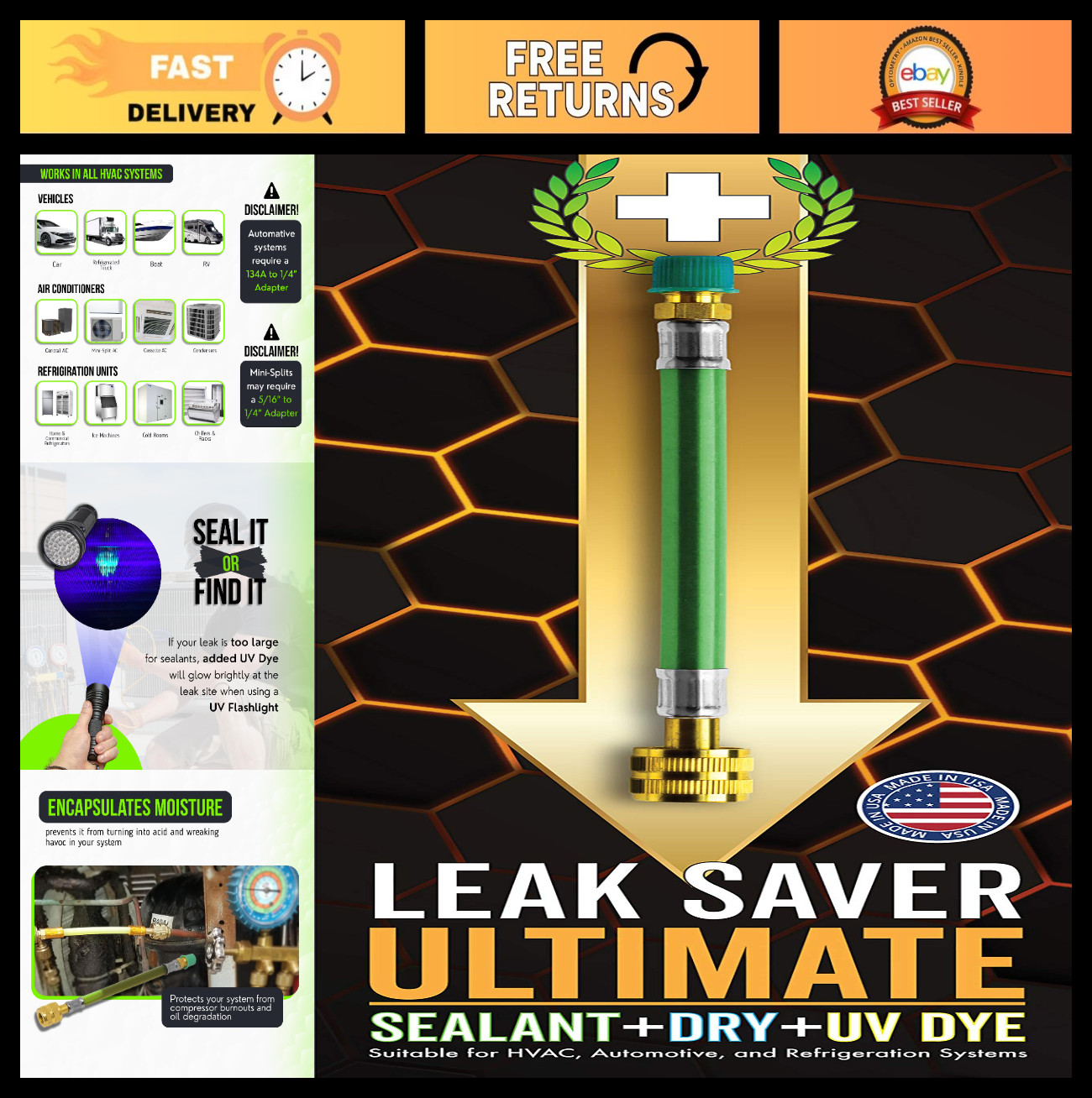3-in-1 AC Refrigerant Leak Sealer with UV Dye & Moisture Remover - HVAC Up to 5