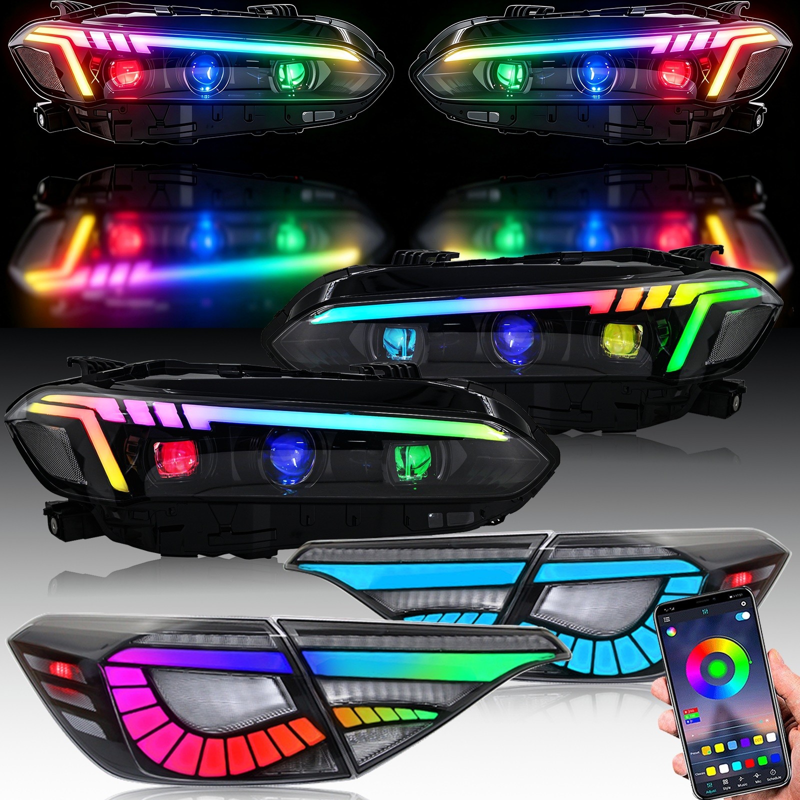 2Pairs For 2022-2026 Honda Civic 11th Gen RGB Full LED Headlights+RGB Taillights