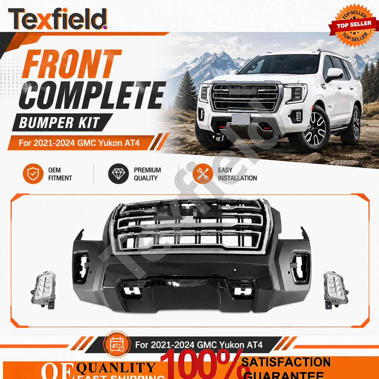Complete Front Bumper Kit Plastic Fit 2021-2024 GMC Yukon AT4 with Fog lights
