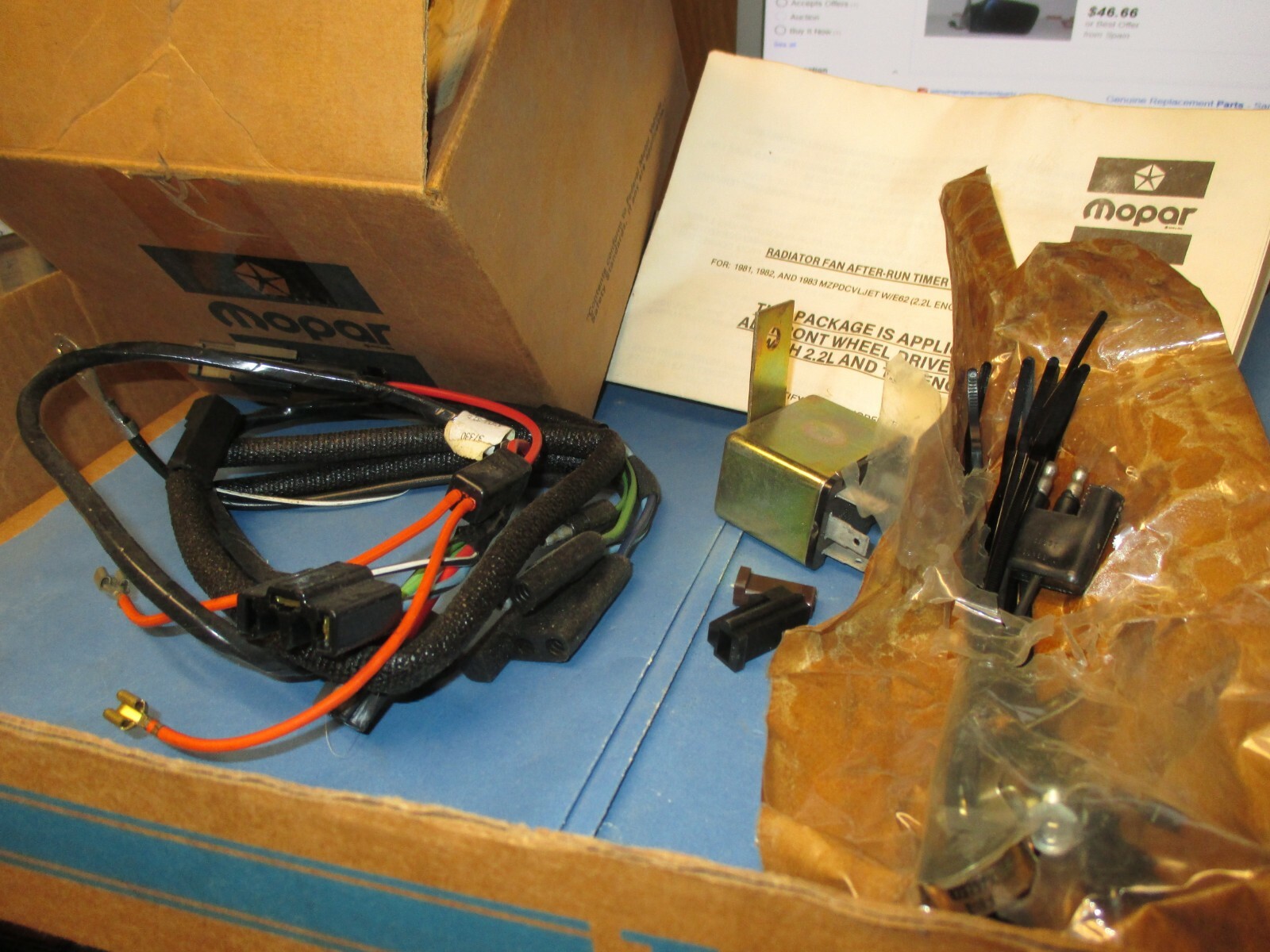FAN PKG.N.O.S.FOR 81-93 MOPARS RADIATOR FAN AFTER RUN TIMER SERVICE KIT 4318148 FAN PKG.N.O.S.FOR 81-93 MOPARS RADIATOR FAN AFTER RUN TIMER SERVICE KIT 4318148