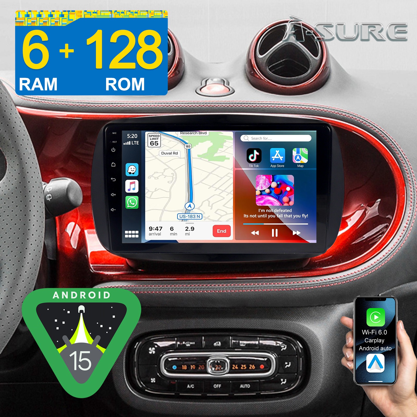 6+128G For Benz Smart Fortwo 2014-2022 Car Stereo Radio CarPlay GPS NAV Headunit