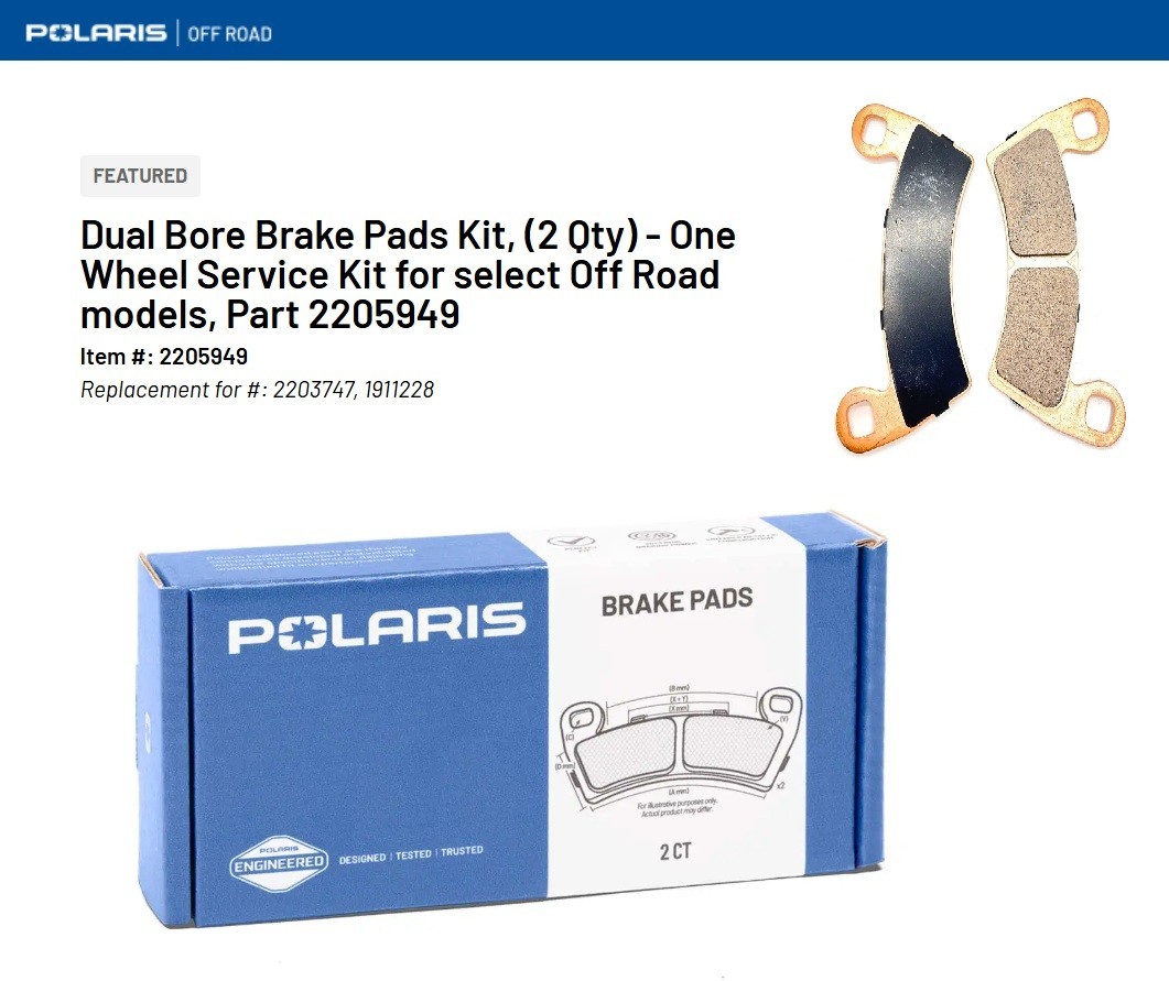Polaris Dual Bore Brake Pads Kit,  One Wheel Service Kit for select ORV 2205949