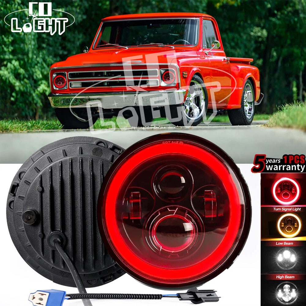 7 Inch Round LED Headlight Red Halo DRL Hi/Lo Fit Chevy C10 Camaro Pickup Truck