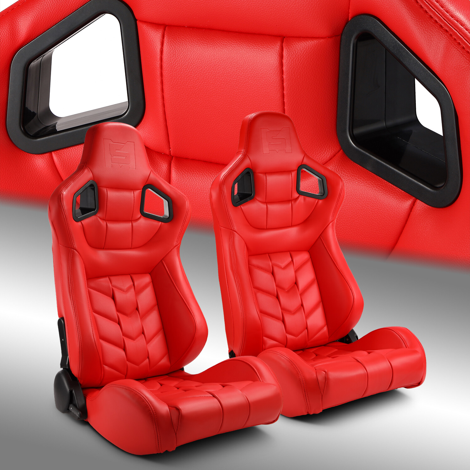 Red PVC Reclinable Pure Series Racing Seats Pair W/Slider Left/Right Red PVC Reclinable Pure Series Racing Seats Pair W/Slider Left/Right