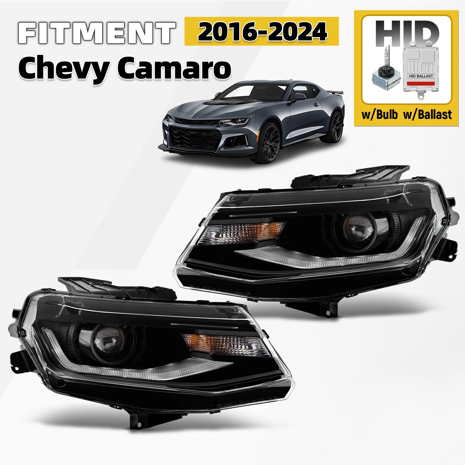 HID Headlight For 2016-2024 Chevy Camaro w/Bulb w/Ballast Left+Right Pair