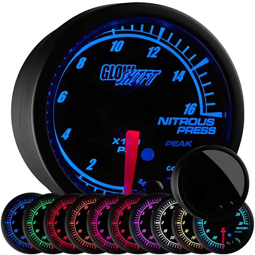 GlowShift 1600 PSI Nitrous Pressure NOS Gauge Kit w/ Sensor, Elite 10 Color 52mm