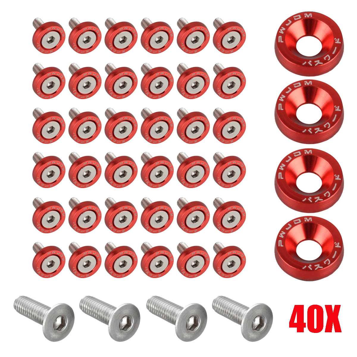 40PC JDM Billet Aluminum Fender Bumper Washer Bolts Engine Bay Dress Up Kit Red