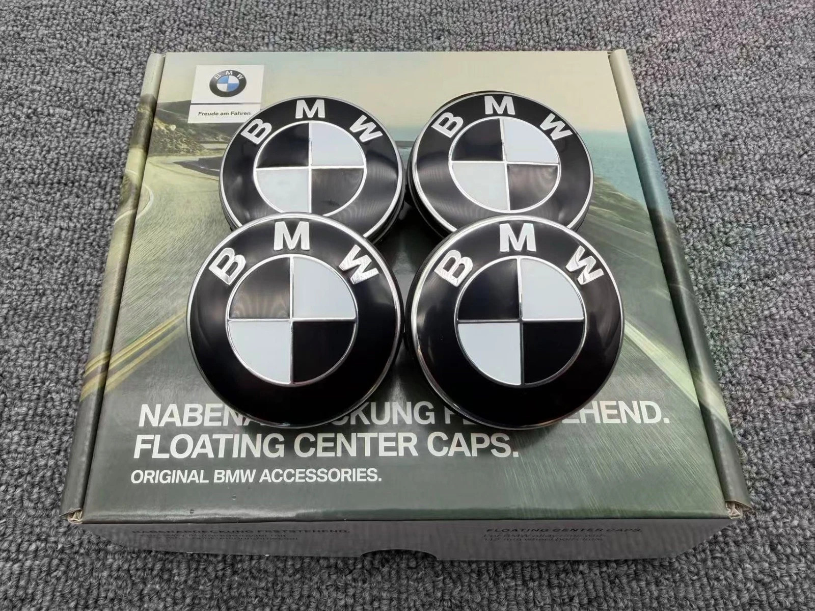 BMW 68mm Floating Center Caps Black White Self Leveling Wheel Hub Caps Set of 4