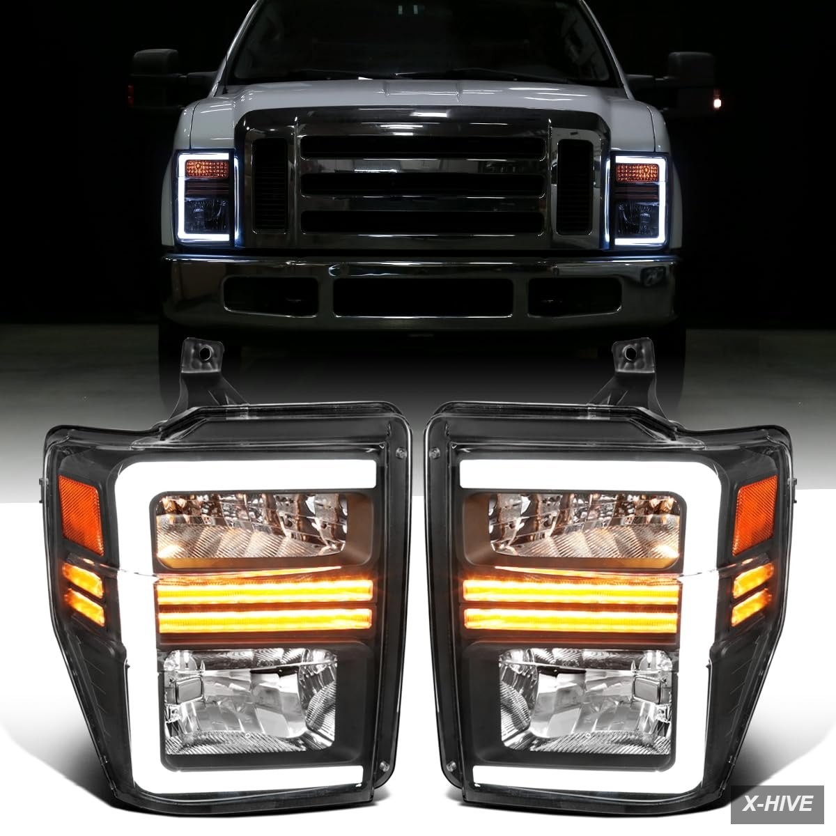 - Fits 2008-2010 Ford F250 F350 F450 F550 Super Duty Headlights LED Sequential