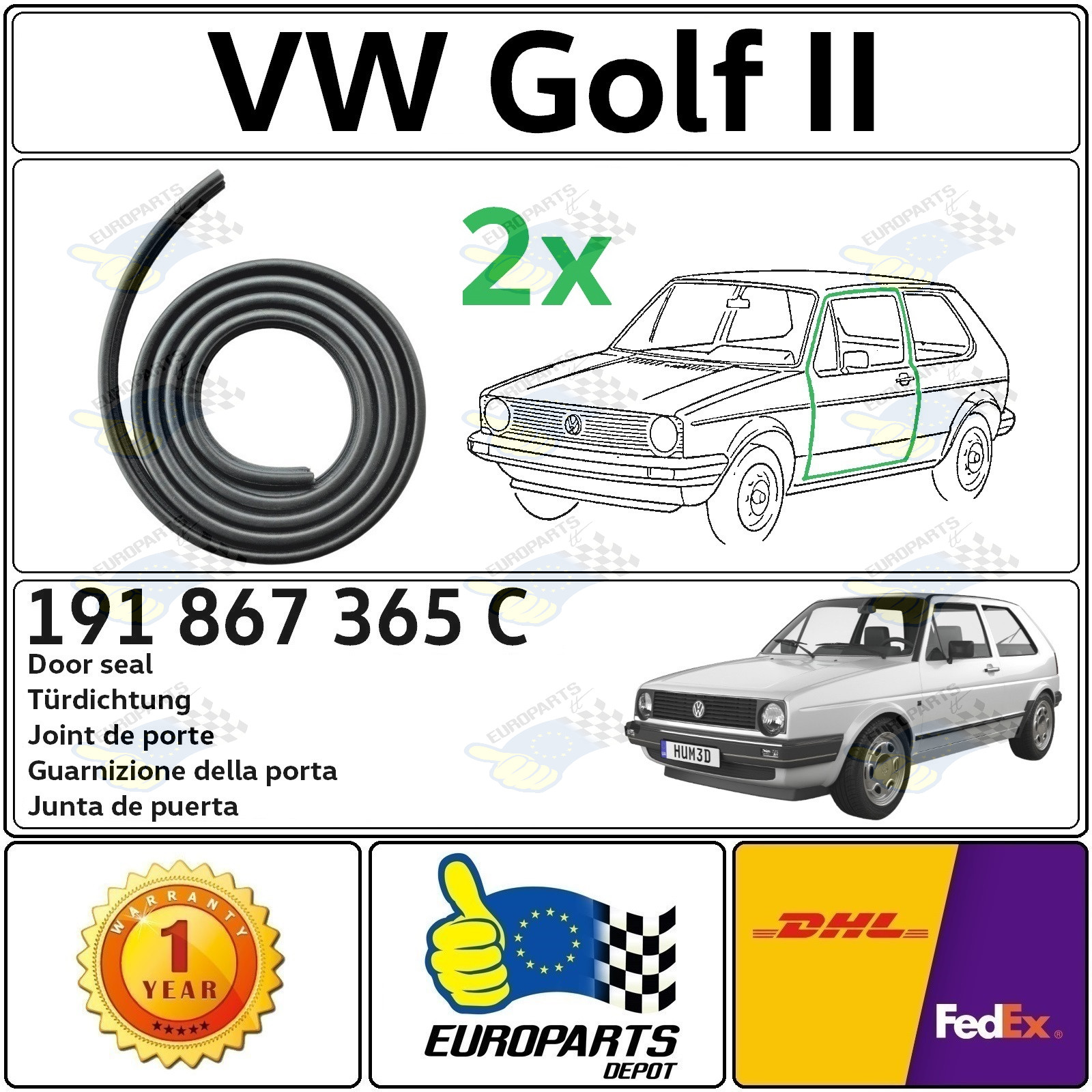 1983-1992 Volkswagen Golf MK2 Door Seal Weatherstrip 2 Piece Set, 2-Door