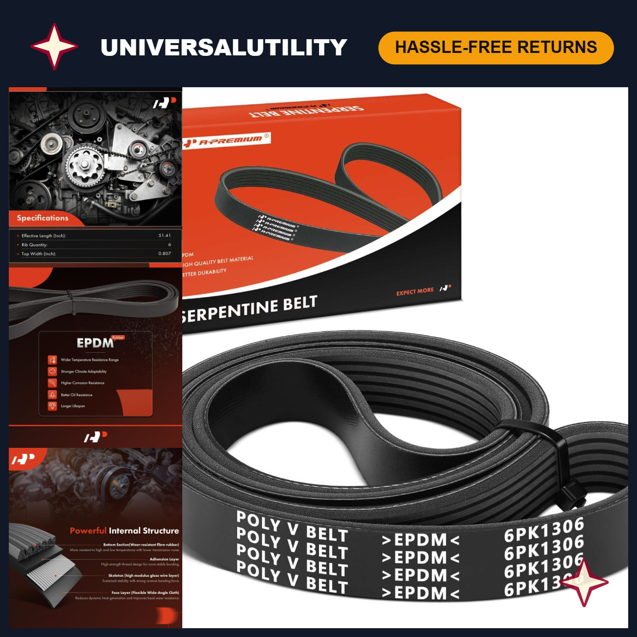 High-Quality 6-Rib Serpentine Belt - 51.41 Inch, Durable Replacement Part High-Quality 6-Rib Serpentine Belt - 51.41 Inch, Durable Replacement Part