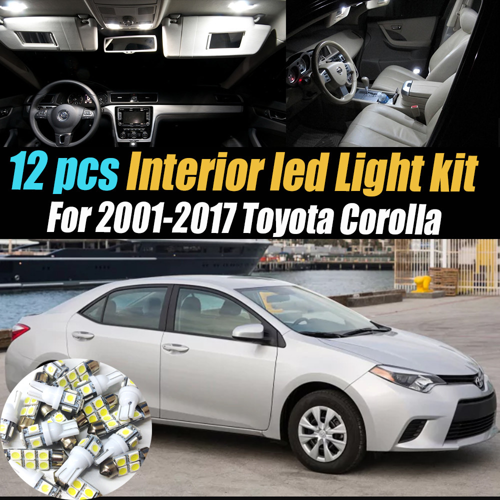 12Pc Super White Interior LED Light Bulb Kit Pack for 2001-2017 Toyota Corolla