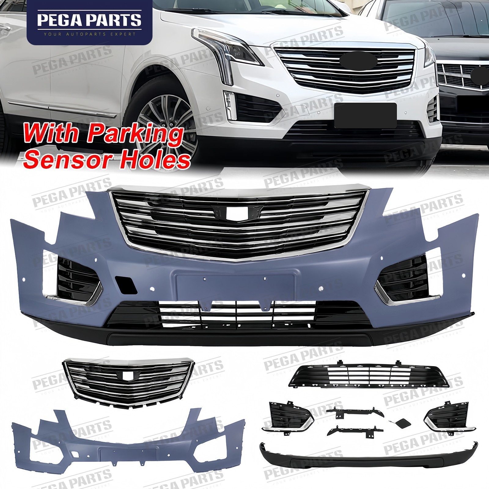Fit 2017-2022 Cadillac XT5 Complete Front Bumper Grille Assembly w/Sensor Holes