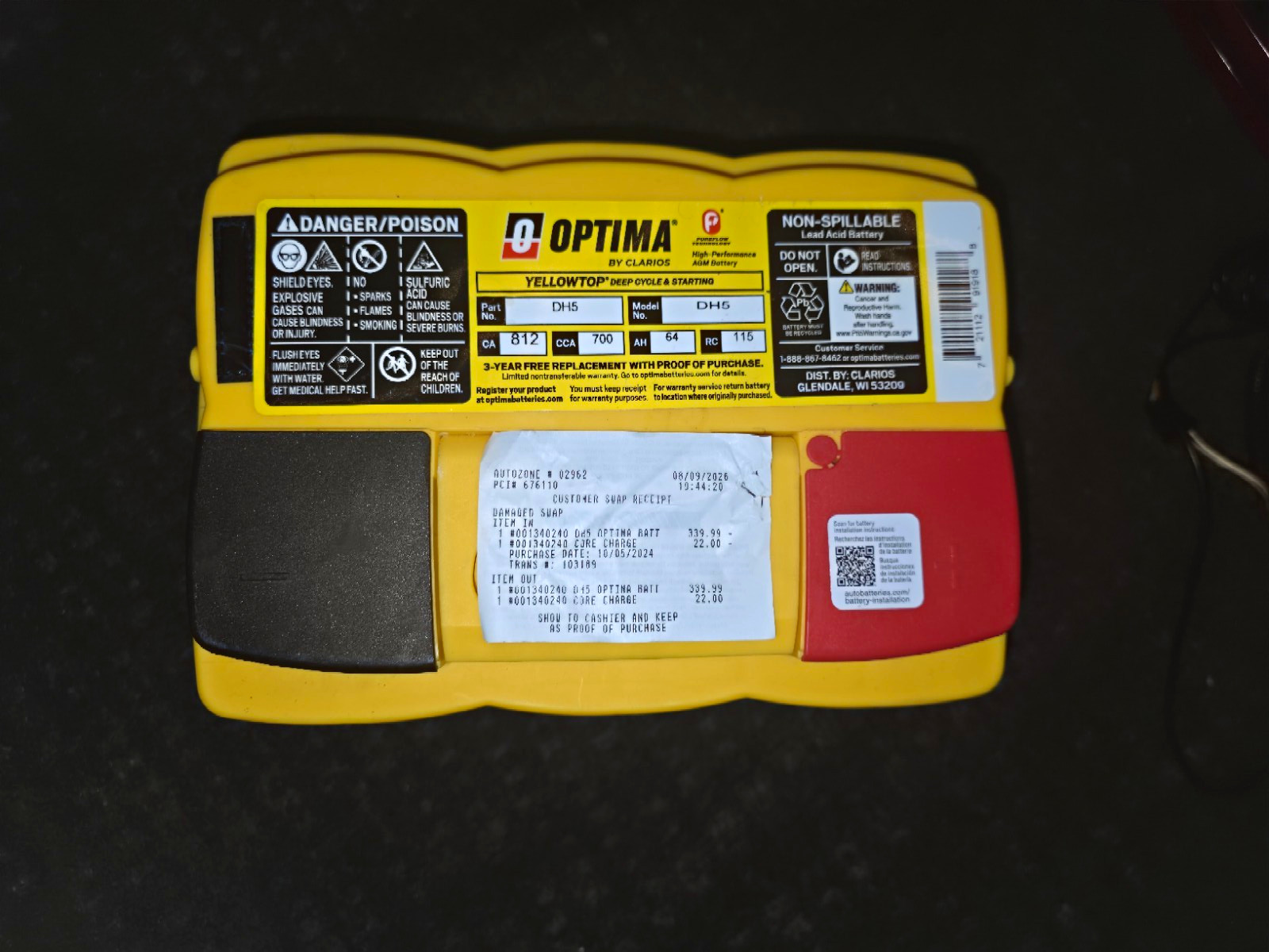 BRAND NEW Optima YellowTop DH5 AGM Deep Cycle Battery (H5 / Group 47) +  Receipt