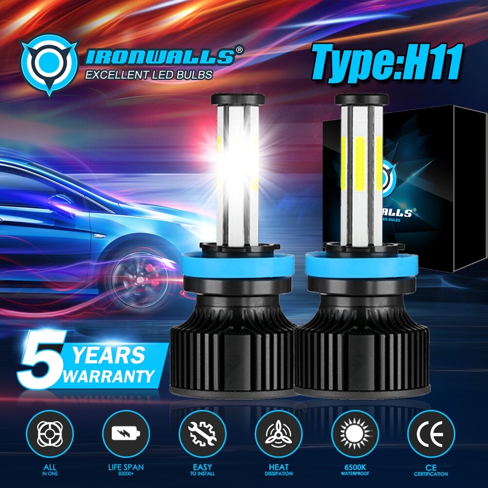 IRONWALLS 6-sides H11 LED Headlight Bulbs Kits Low Beam 6500K Super Bright White