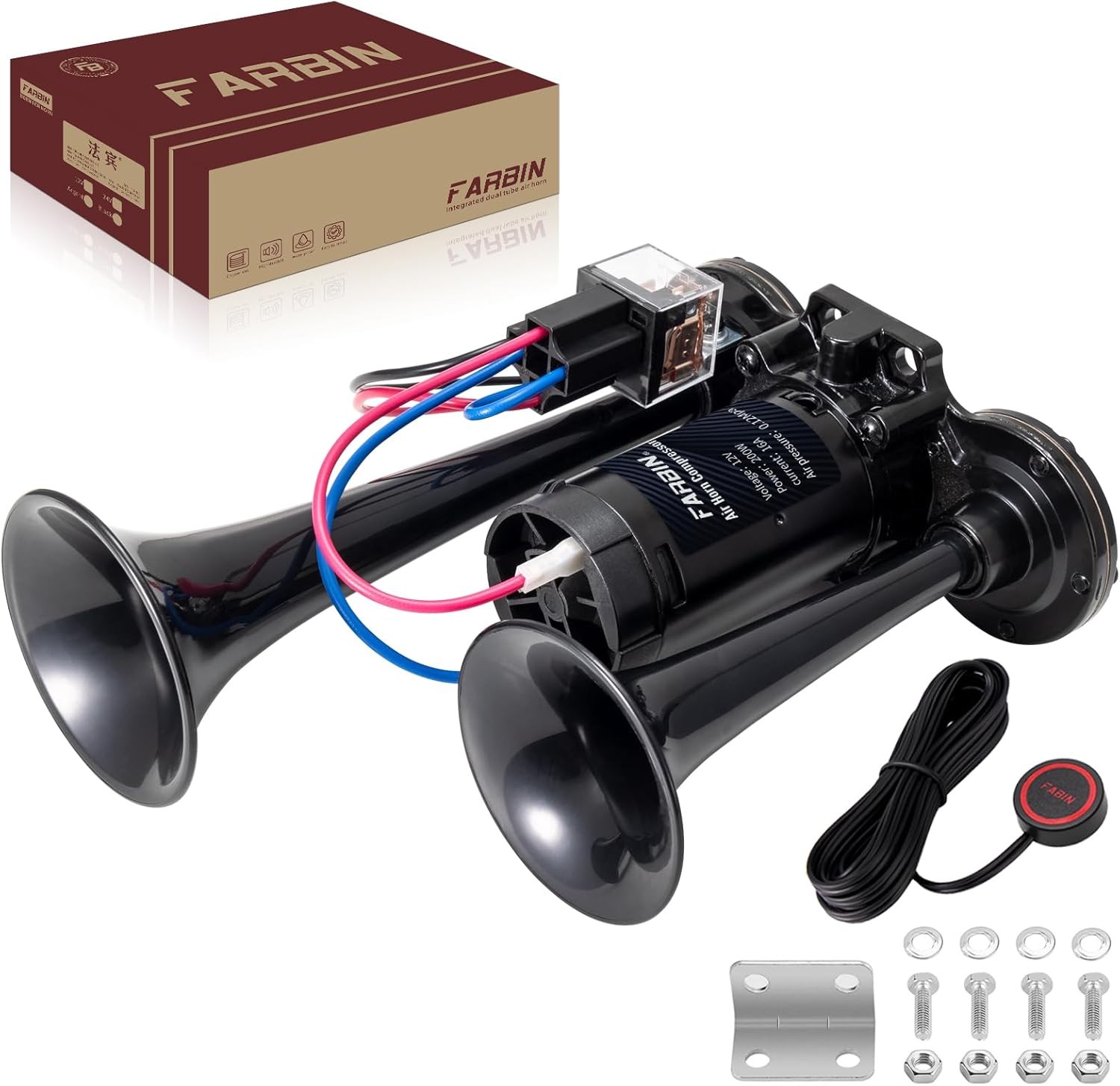 FARBIN Black Air Horn for Truck Train 12V Integrated + Button, FARBIN Black Air Horn for Truck Train 12V Integrated + Button,