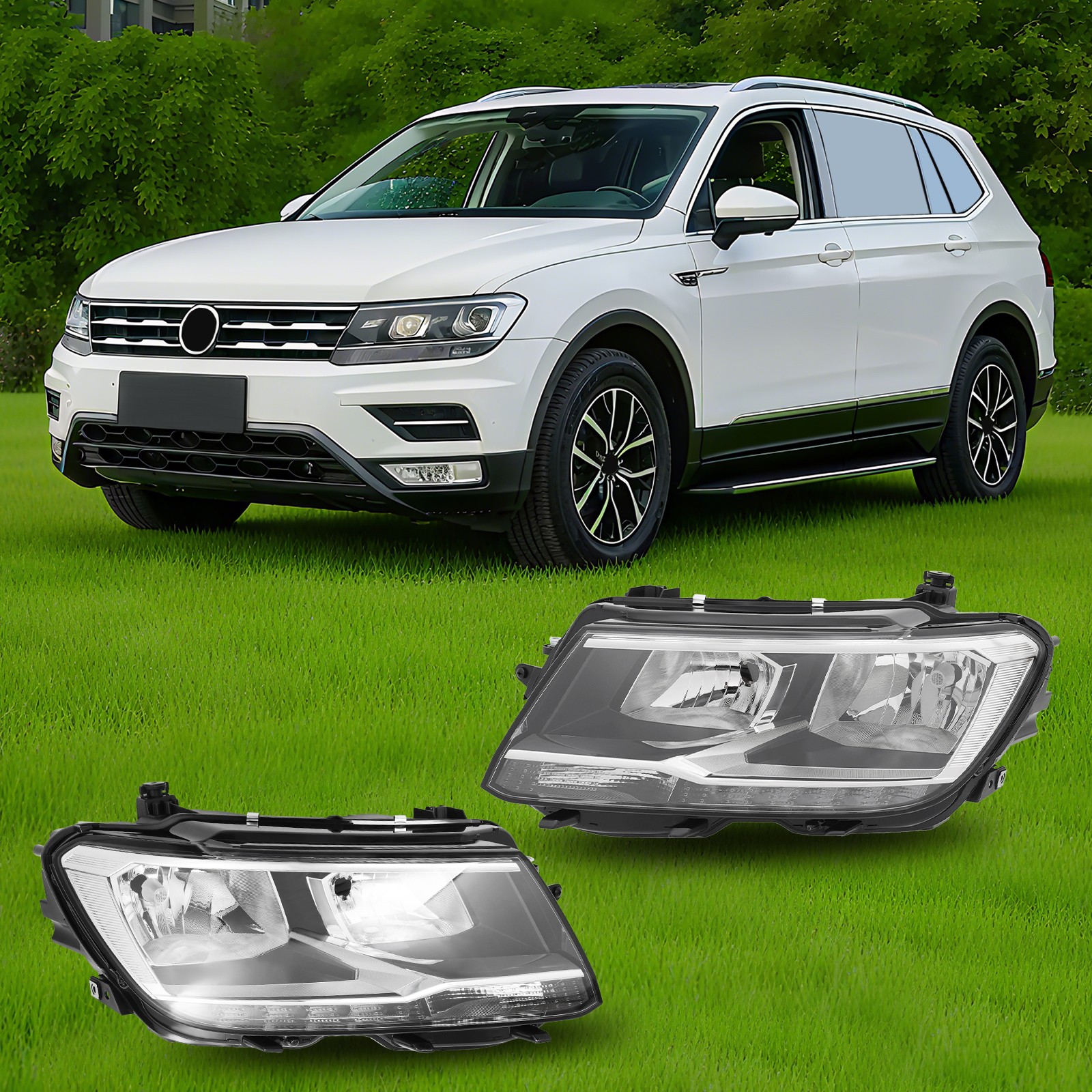 For 2018-2021 Volkswagen Tiguan Halogen Headlight w/LED DRL Headlamps (Pair) Set