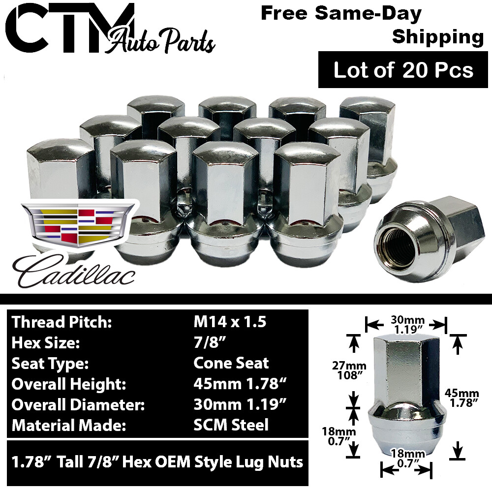 20 Chrome Cadillac ATSV CT5 CT6 CTS XT4 XTS OEM Factory Lug Nut 14x1.5 Xtra Tall