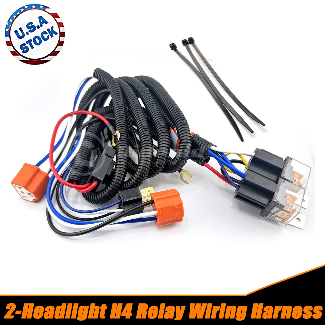 Kit 2-Headlight H4 Headlamp Light Bulb Ceramic Socket Plugs Relay Wiring Harness