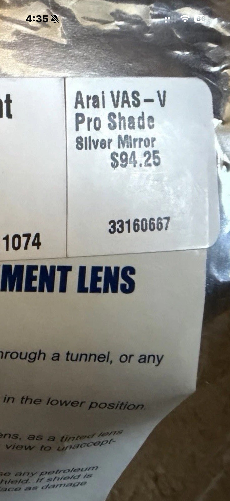 Arai Vas-v Pro Shade Replacement Mirrored NEW