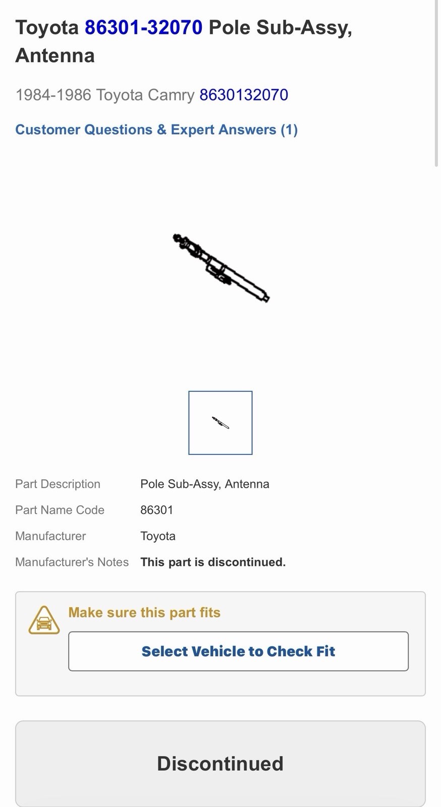 NOS Toyota Discontinued Part 86301-32070 NOS Toyota Discontinued Part 86301-32070