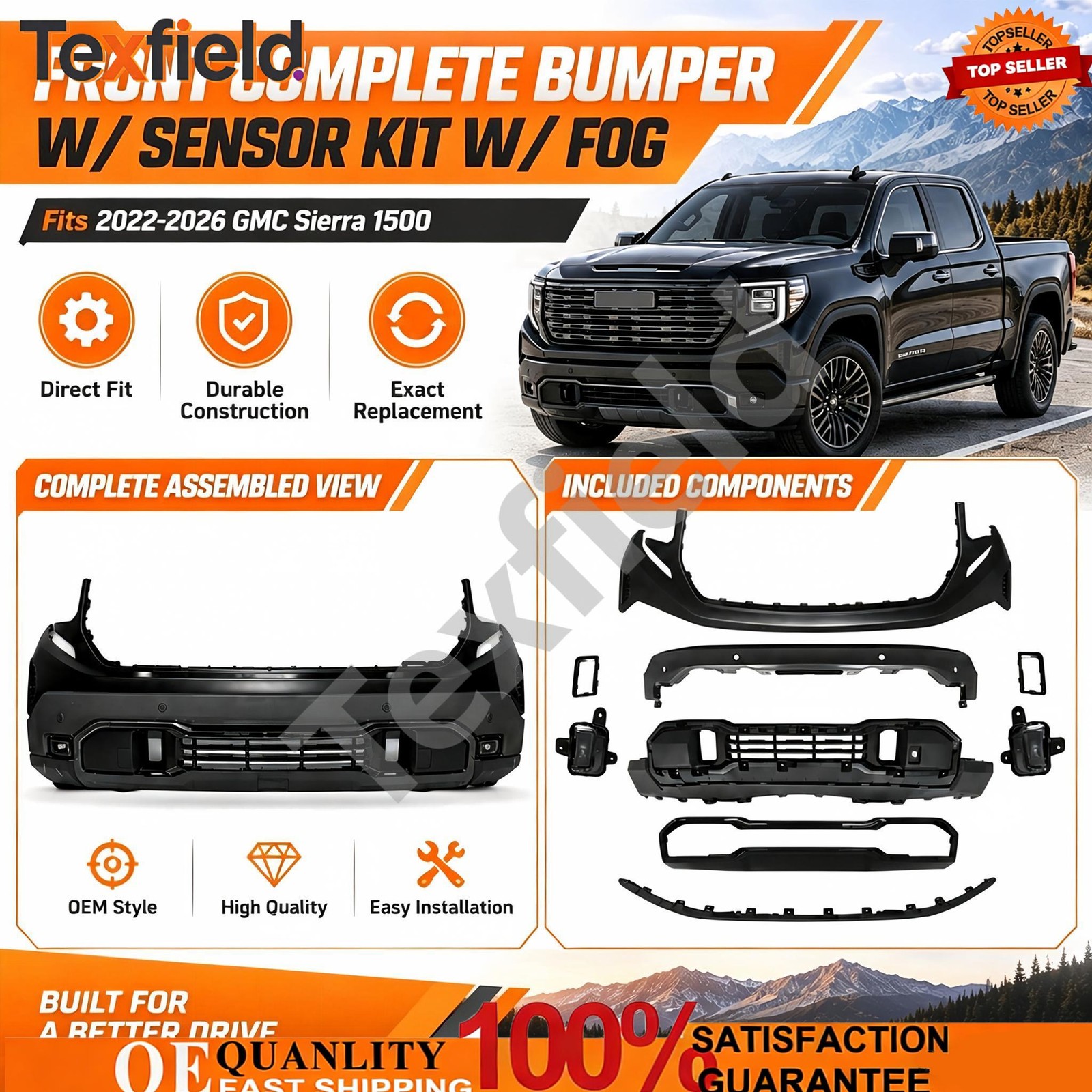 Front Complete Bumper W/ Sensor Kit W/ Fog For 2022-2026 GMC Sierra 1500