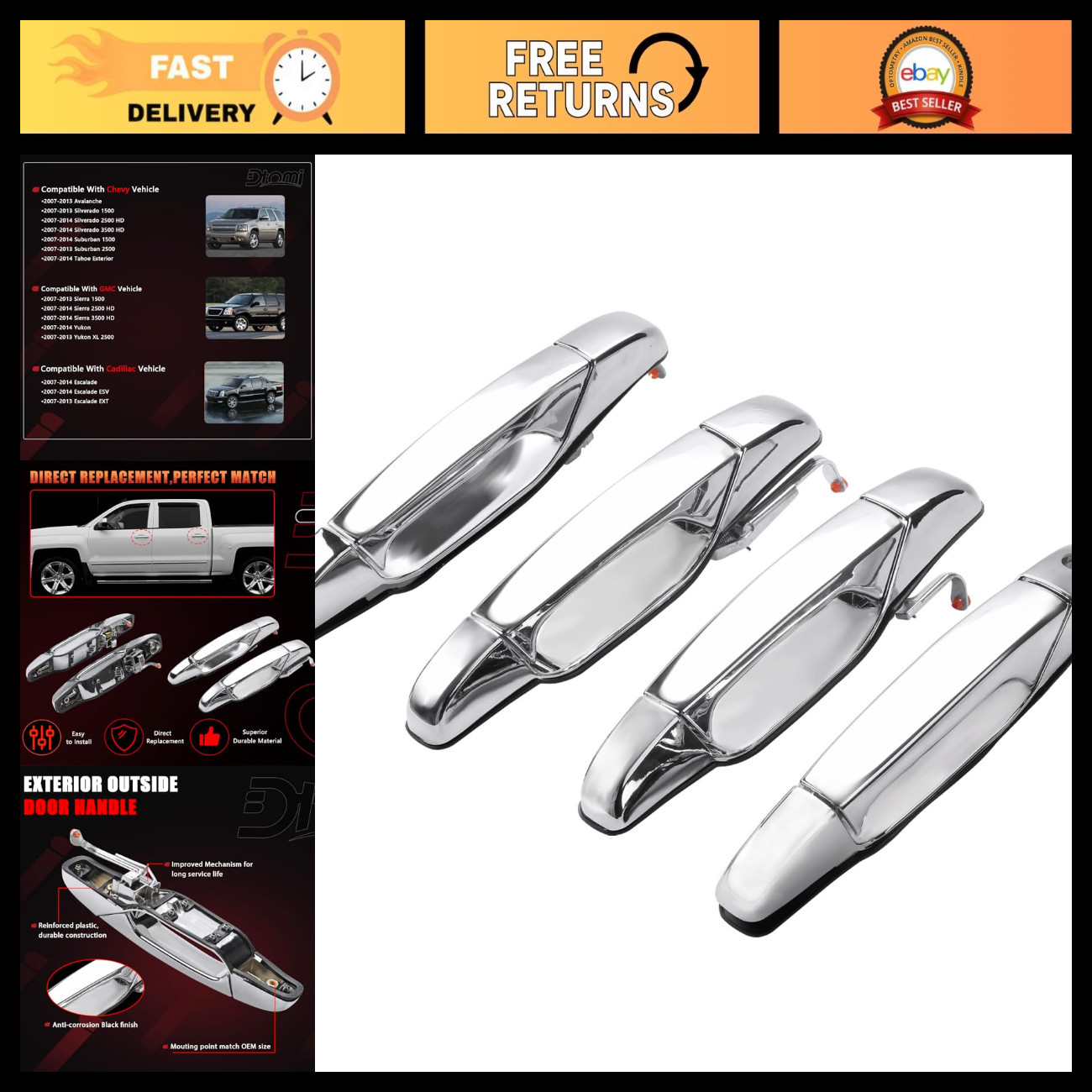 4PCS Chrome Door Handle Set for Front & Rear Left/Right - Compatible with Cadill 4PCS Chrome Door Handle Set for Front & Rear Left/Right - Compatible with Cadill