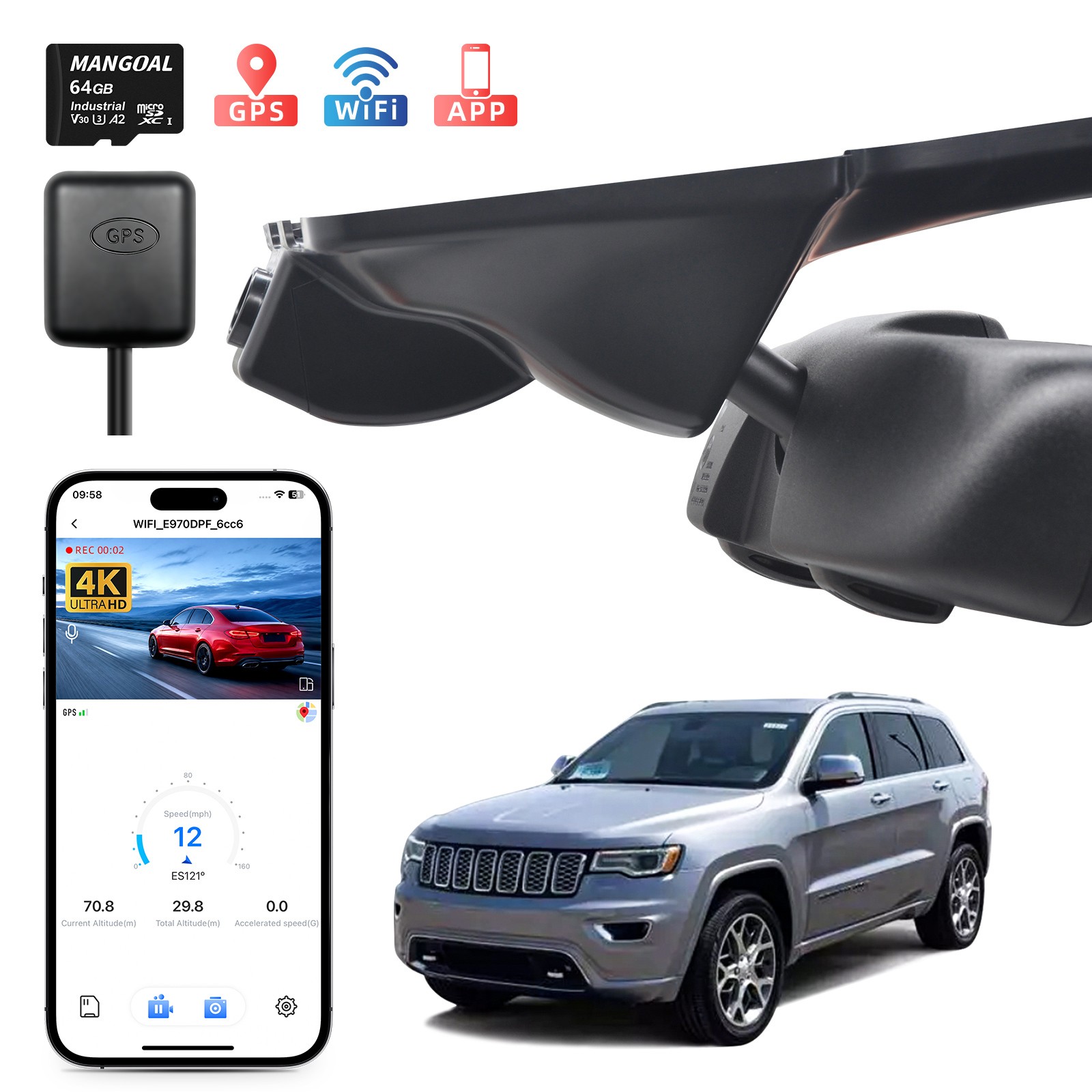 Mangoal 4K Dash Cam for Jeep Grand Cherokee 2016-2021/Grand Cherokee WK 2022 GPS