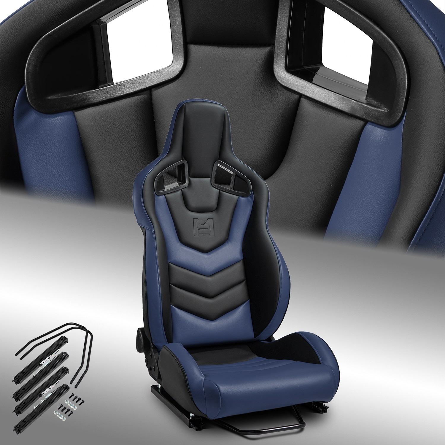 1PC EVO-Series Reclinable PVC Racing Seats Car Seat Black-Blue w/Sliders 1PC EVO-Series Reclinable PVC Racing Seats Car Seat Black-Blue w/Sliders