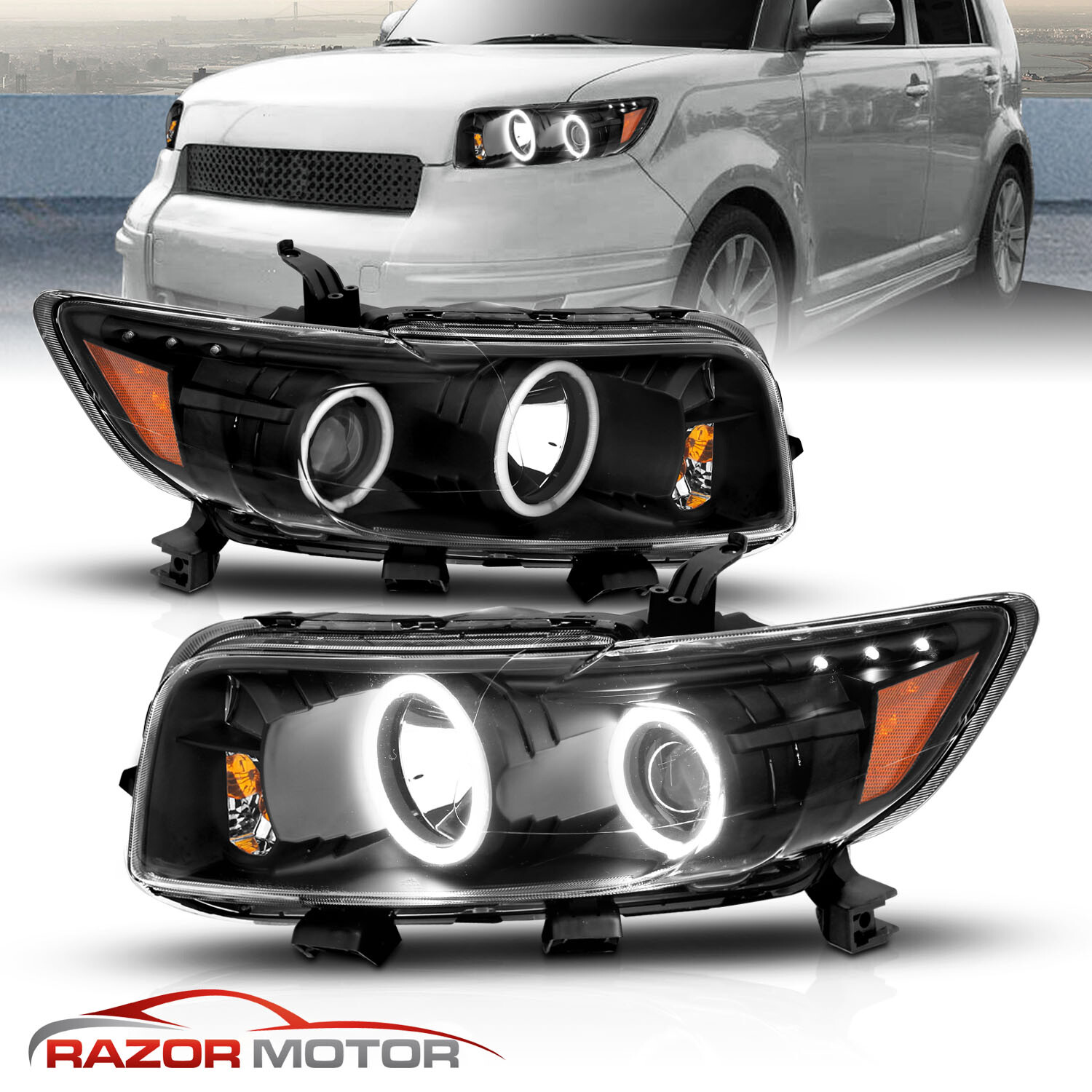 [Dual LED Halo]For 2008 2009 2010 Scion Xb Projector Black HeadLights Pair