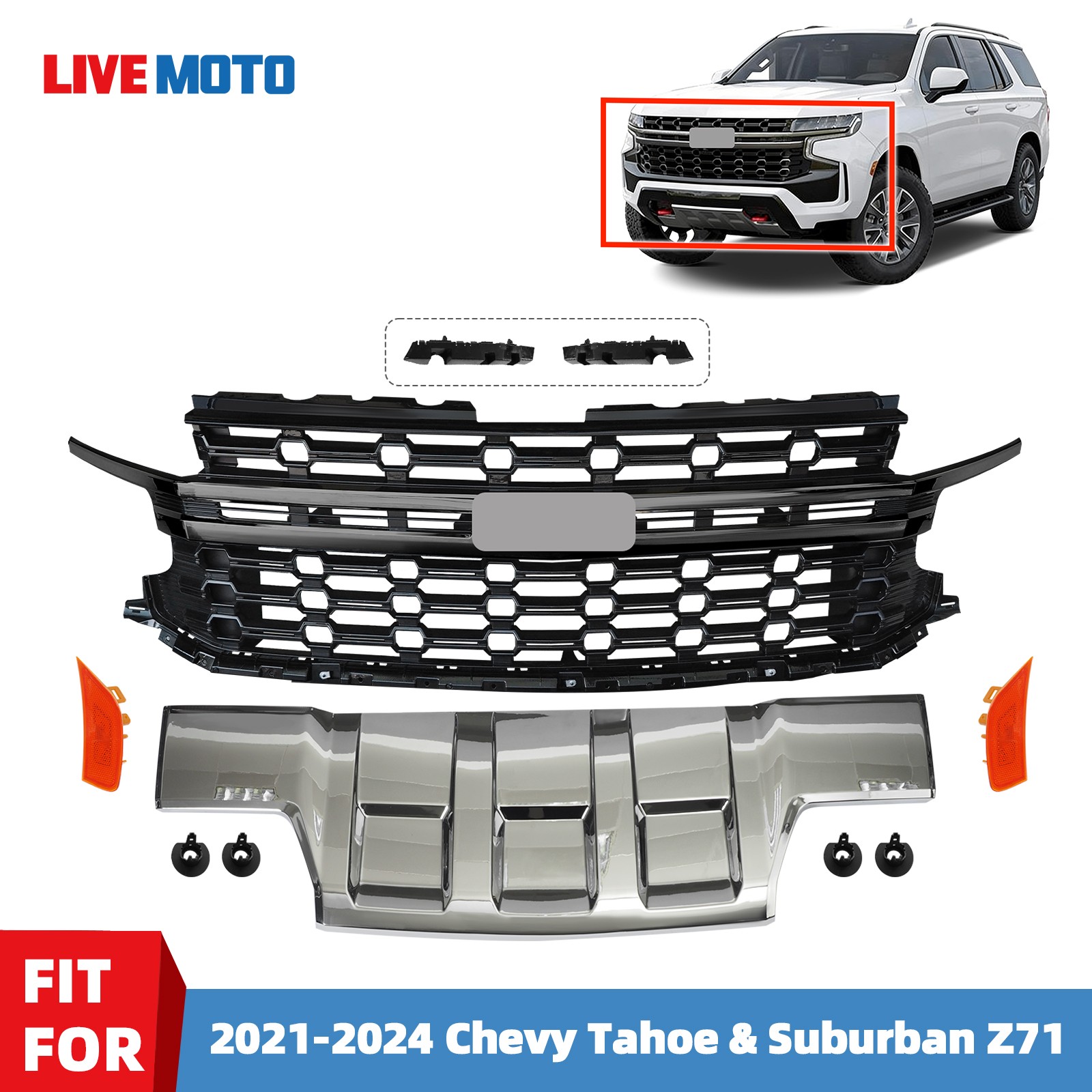 For 2021-2024 Chevy Tahoe & Suburban Z71 Front Bumper Grille Kit w/ Skid Plate